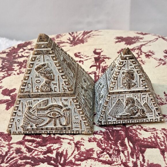 Set of 2 Stone *faux* Egyptian Pyramid Statues for Decor Gold/White Color - Picture 9 of 11